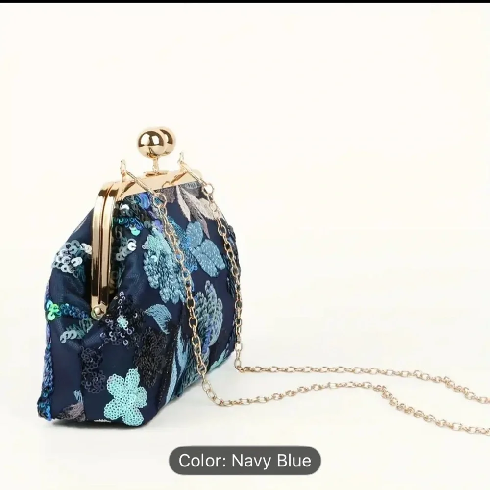 Navy Blue Sequin Floral Evening Clutch - Picture 6 of 6